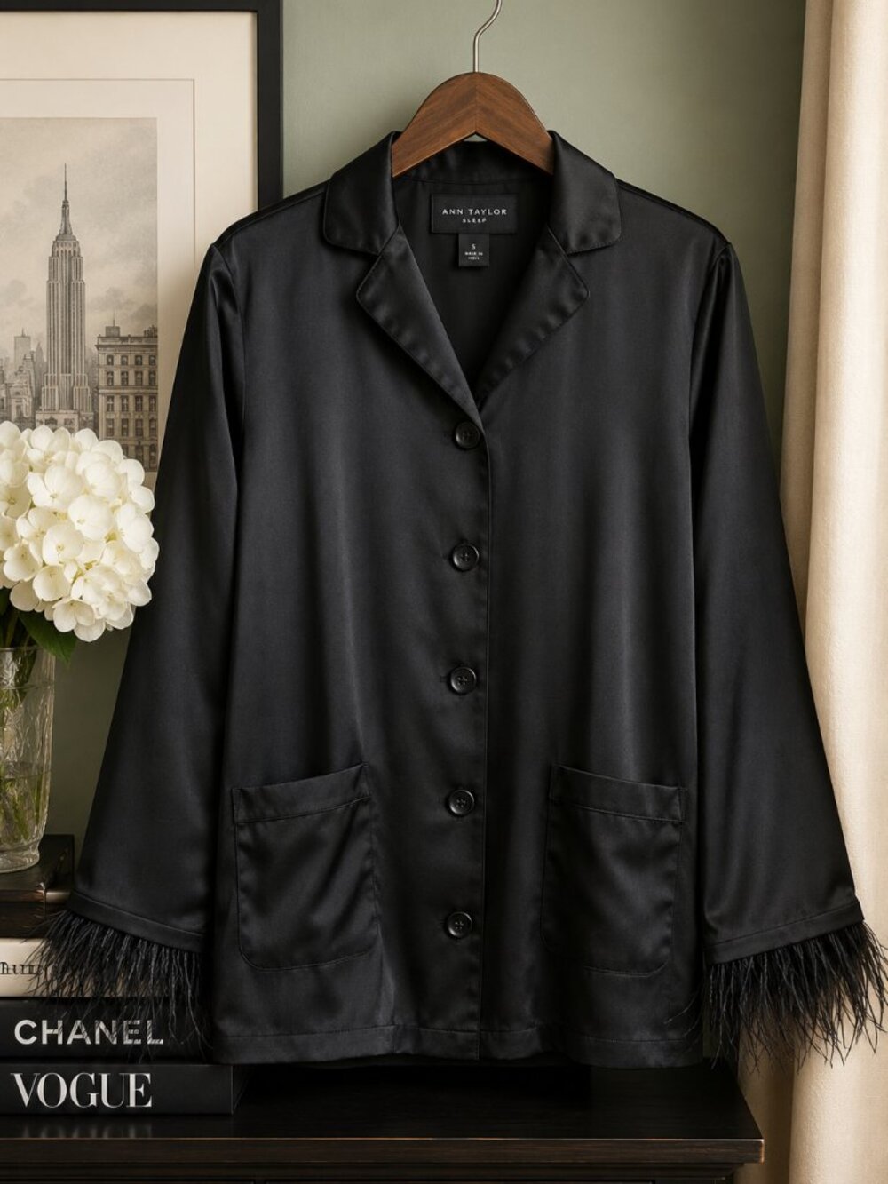 Ann Taylor Sleep Black Satin Feather Cuff Pajama Top Luxe Glam Gothic Old Money